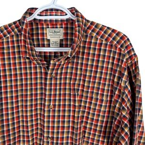 LL Bean Kennebunk Sport Shirt Wrinkle Free Mens L Orange Plaid Traditional Fit